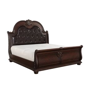 Cama de plataforma de madera maciza de diseño tradicional de caoba marrón antiguo clásica y duradera con características talladas a mano-5 piezas - Product Image 5
