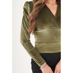 Blusa Elegante de Terciopelo Color Caqui para Mujer, Marca LUSTRIN, con Cuello Cruzado y Hombros Acolchados, Manga Larga, Top de Moda de Invierno para Venta al Por Mayor - Product Image 2