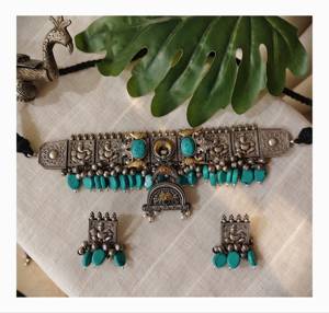 Beautiful Designer Statement Choker Necklace with Stone Embedded Dual Tone <b>Beads</b> & Ghungroo Latkan, Adjustable Dori - Product Image 3