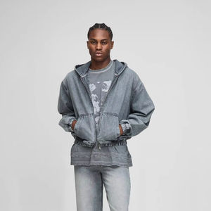 Bas court pour hommes avec capuche deux couleurs délavées fermeture éclair UP épaule tombante veste en jean décontracté beau manches longues - Product Image 1