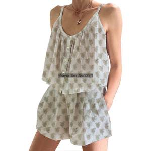 Conjunto de Pijama Corto de Algodón de Moda Urbana Bohemia para Mujer, Primavera/Verano, Floral, Ajustado, con Tirantes, Sin Mangas - Product Image 4