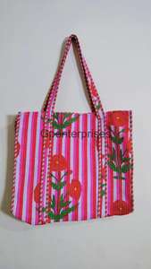 Sac fourre-tout d'été en coton matelassé imprimé de fleurs roses pour femmes Sacs à provisions à la mode - Product Image 5