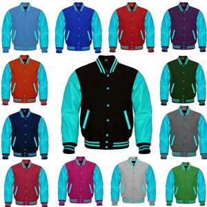 Premium Letterman Baseball Varsity Veste Hommes Collège Lycée Toile Coupe-Vent Orange Laine Mer Bleu Manches En Cuir Véritable - Product Image 5