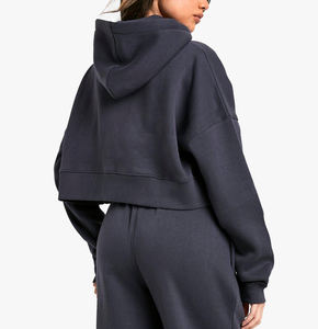 Ropa de calle recortada con cremallera completa, sudaderas con capucha para mujer, hombros caídos, anti-pilling, personalizado, 3D, logotipo impreso, transpirable, Sudadera con capucha para mujer - Product Image 3