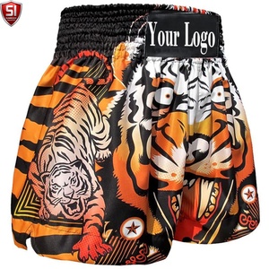 Shorts de combat MMA pour hommes à imprimé tigre, taille mi-haute, cordon de serrage, séchage rapide, toile polyester/coton, style décontracté chic, logo personnalisé sur le devant - Product Image 3