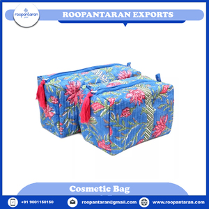 Sac à cosmétiques de haute qualité en coton indien bleu rayé, imprimé à la main, grand format, écologique, durable, style tendance, fermeture éclair - Product Image 6