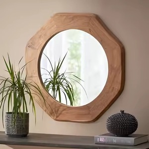Miroir de salle de bain rond en bois massif mural avec cadre en forme de papillon - Product Image 4
