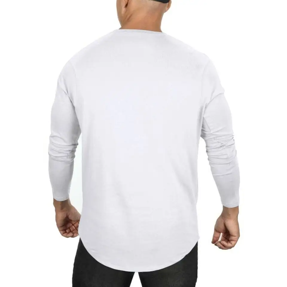 여름 남자 근육 맞는 긴 소매 T 셔츠 곡선 밑단 티 탑 일반 빈 흰색 컬러 티셔츠 2024