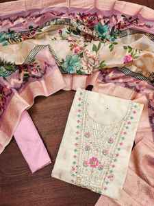 Dhwaja Export - Conjunto de Mujer en Modal Chandari Meena Jaqarad con Bordado en el Cuello (2.10m), Parte Inferior de Seda Santon (2.20m) y Dupatta de Organza - Product Image 4