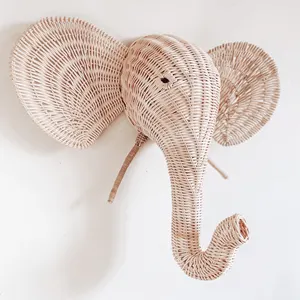 Natural rattan woven head animals wall decor hanging elephant heads for kids bedroom decorations