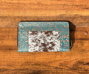 มาใหม่จริง Cowhide หนังหนังแกะสลักคลัทช์เคสโทรศัพท์สไตล์สีเทอร์ควอยซ์หนังตะวันตกร้อนขายผู้หญิงกระเป๋าสตางค์ - Product Image 2