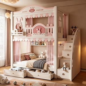 <span class=keywords><strong>Lit</strong></span> superposé double en bois massif moderne avec escalier en fer pour enfants - Design minimaliste avec fonction de rangement - Product Image 6