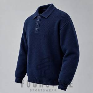 เสื้อโปโลถักสำหรับผู้ชาย แขนยาว คอกลม ติดกระดุมด้านหน้า สีน้ำเงิน สวมใส่สบายๆ - Product Image 4