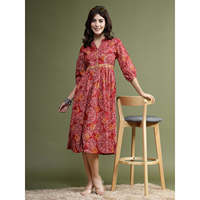 Robe midi évasée en coton respirant à manches longues boutonnées, imprimé floral tissé marron, pour femme – Collection Élégance Vibrante