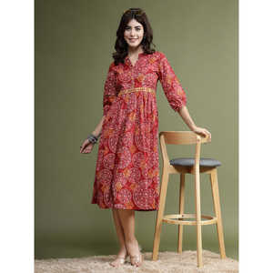 Vestido Midi Étnico de Algodón con Estampado Floral y Detalles de Espejo para Mujer, Color Granate, Talla XS, Transpirable, Ideal para Fiestas de Verano, Estilo Natural - Product Image 3