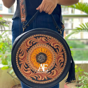 Hot Selling Leather Sling Bag Tooled Round <b>Handbag</b> Women Carving Leather Shoulder Sling Bag - Product Image 1