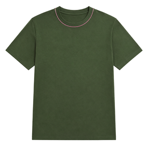 Camiseta de Cuello Redondo Verde Oliva al por Mayor con Ribete en Contraste Rosa, Camiseta Casual de Manga Corta de Algodón Personalizada para Hombre - Product Image 1