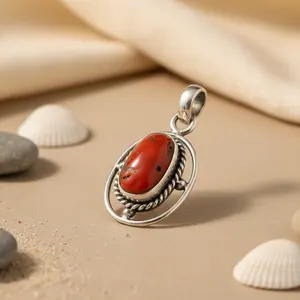 Colgante de Coral Rojo de Plata 925 con Diamante y Amatista, Joyería Religiosa Hecha a Mano con Piedras Preciosas para Mujer - Product Image 1