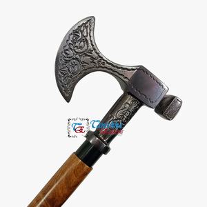 Bastón de Aluminio con Empuñadura de Cabeza Vikinga, Acabado Negro Antiguo, Estilo Victoriano, Bastón de Madera Plegable de 3 Secciones - Product Image 1
