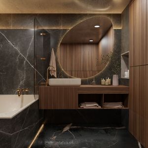 High End <b>Bathroom</b> Vanity Wood and Marble Design Custom Veneer Vanity <b>Cabinet</b> with Round <b>Mirror</b> Option - Product Image 1