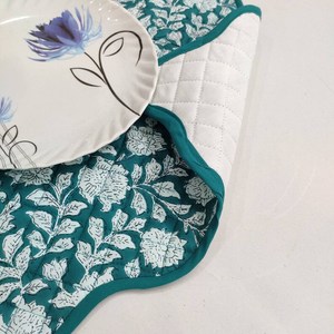 Teal blue floral Four Napkins and Four Cotton Table quilted wave piped <b>Placemats</b> Indian Vintage Handmade Floral Set - Product Image 3