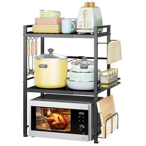 ชั้นวางไมโครเวฟ<span class=keywords><strong>3</strong></span>ชั้นโลหะมีตะขอ6อันสำหรับใช้ในห้องครัวโรงรถตู้เก็บของ - Product Image 3