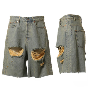 Prince Industry personnalisé hommes bleu fermeture éclair braguette Baggy Fit 100% coton bords bruts Look haute rue chaud Shorts solide ample Denim court - Product Image 6