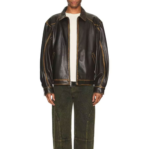 แจ็กเก็ตหนังแกะแท้สีดำสำหรับผู้ชายเสื้อแจ็กเก็ตนักขี่จักรยานมีกระเป๋ามีซิปแจ็คเก็ตหนังแท้ - Product Image 4