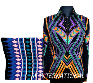 Veste Western Showmanship orange avec vert et noir avec coussinets assortis Veste de spectacle d'équitation avec couverture de selle assortie - Product Image 1