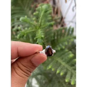 Bague de fiançailles en argent 925 avec quartz fumé, améthyste, pierre naturelle taille poire, motif géométrique, plaqué rhodium, technologie d'incrustation - Product Image 3