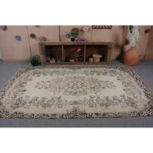 พรมตุรกีวินเทจ5.4 x 9.5ft เบจสีน้ำตาลสานแบบแบนมีลวดลายปะติดสำหรับตกแต่งห้องนั่งเล่นห้องโถงยางพาราด้านหลัง - Product Image 4