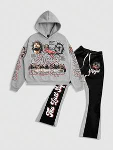 Ensemble de survêtements deux pièces en coton personnalisé unisexe, sweats à capuche à ourlet brut, pantalons de survêtement évasés empilés, impression bouffante 3D, hiver-femmes/hommes - Product Image 3