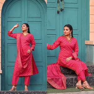 Casual Wear Rayon With Block Print Kurti Pant And Dupatta Manufacturer And Supplier From India At Lowest Rate - Product Image 5
