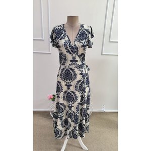 Women's Short Sleeve <b>Wrap</b> Neck Tie-Waist Patterned Interlock Midi Dress, 34769 - <b>Navy</b> Blue - Product Image 3