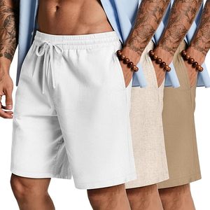 Lot de 3 shorts en coton et lin pour hommes, taille élastique, avec cordon de serrage, short de plage d'été au genou avec poche - Product Image 1