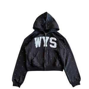 Streetwear personnalisé Boxy Fit recadrée diamant lavage à l'acide délavé au soleil 400gsm lourd sweat à capuche zippé strass - Product Image 1