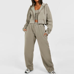 Tracksuit For Women With Relaxed Fit Throughout With Oversized Full Sleeves High Quality With Matching Wide Leg <b>Joggers</b> With Zip - Product Image 1