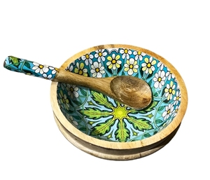 Daisy Delight Bowl Mango Madera Hecho a mano Decorativo Ensaladeras de madera con utensilios para servir Accesorio de comedor de madera - Product Image 1