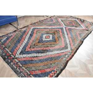 Tapis turc, tapis vintage 5,9x10,6 pieds, tapis en laine patchwork bleu et rouge - Product Image 4