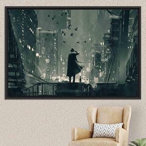 Impresión en lienzo de Noir Detective: arte de pared con paisaje urbano bajo la lluvia, lienzo con marco negro - Product Image 1