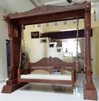 Canapé d'extérieur en bois sculpté à la main, style ferme moderne, avec cadre en pilier et coussin imprimé couleur intégrale imperméable 3 places