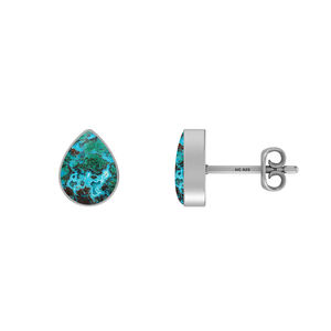 Premium 925 <b>Silver</b> Chrysocolla Gemstone Pear Marquise Oval Cab Butterfly Lock Stud <b>Earrings</b> Bezel Setting Pack of 3 Wedding - Product Image 1