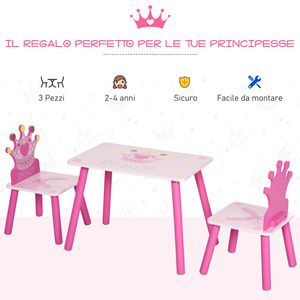 HOMCOM Ensemble table et 2 chaises à thème princesse pour chambre d'enfant en bois rose avec dossier en forme de couronne - Product Image 4