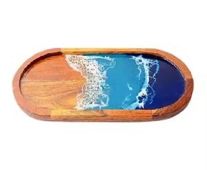 Beau plateau en bois avec conception d'océan de résine bleue et poignées décoratives d'or pour les maisons modernes - Product Image 3