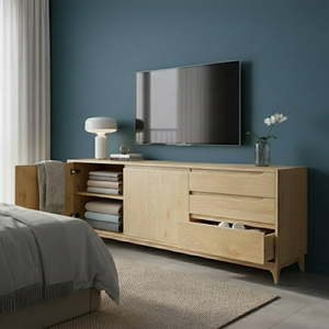 Meuble TV moderne et écologique en bois, buffet en chêne massif, bois de caoutchouc, MDF, 2 tiroirs, 2 compartiments, meubles de salon fabriqués - Product Image 3