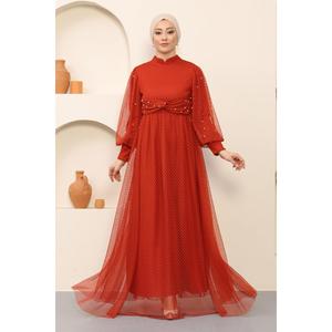 อาบายะลายจุดเก๋ไก๋สีแดงอิฐ แต่งดีเทลผ้าทูลที่เอว ความยาวแบบแม็กซี่-MSW12238-4 - Product Image 1