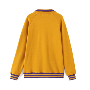 เสื้อกีฬาโปโลมีซิปลายโอเมก้าควอเตอร์3D สีทองลายทางสีม่วงและมัสตาร์ด - Product Image 3