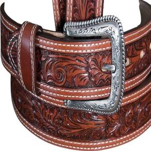 Ceinture d'outillage en cuir western pour hommes en relief floral à double couture classique pour jeans ou pantalons boucle en laiton - Product Image 2