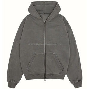 เสื้อฮู้ดซิปผู้ชาย ผ้าฝ้ายเฟรนช์เทอร์รี่ พิมพ์ลายพัฟฟ์ คุณภาพสูง หนานุ่ม สไตล์วินเทจ ล้างสีแบบแอซิดวอช รับสกรีนโลโก้ - Product Image 1