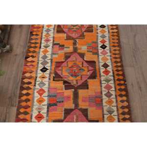 Vintage Turkish <b>Rug</b>, <b>Runner</b> 2.9x9.9 ft (87x302 cm) <b>Rug</b>, Orange Floral Wool <b>Rug</b> - Product Image 3